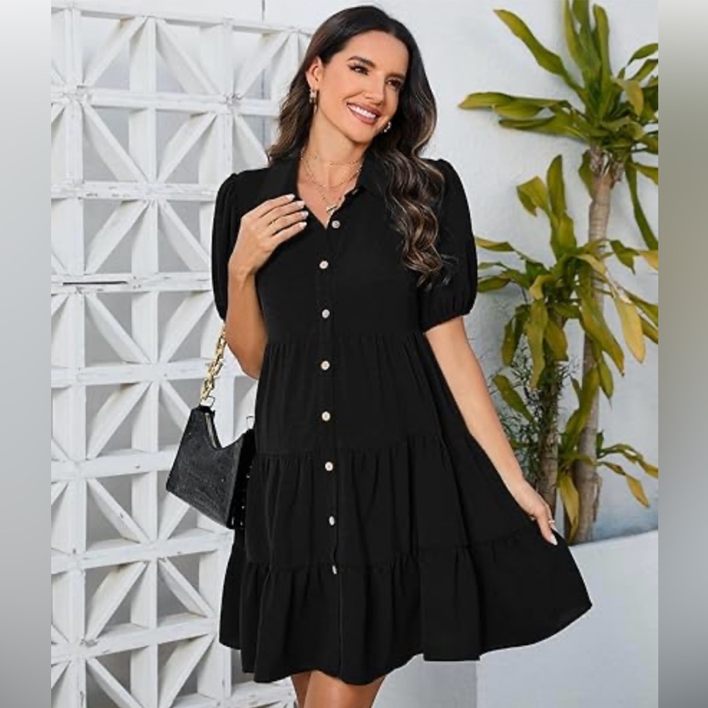 1. State Black A-Line Puff Sleeve Mini Dress